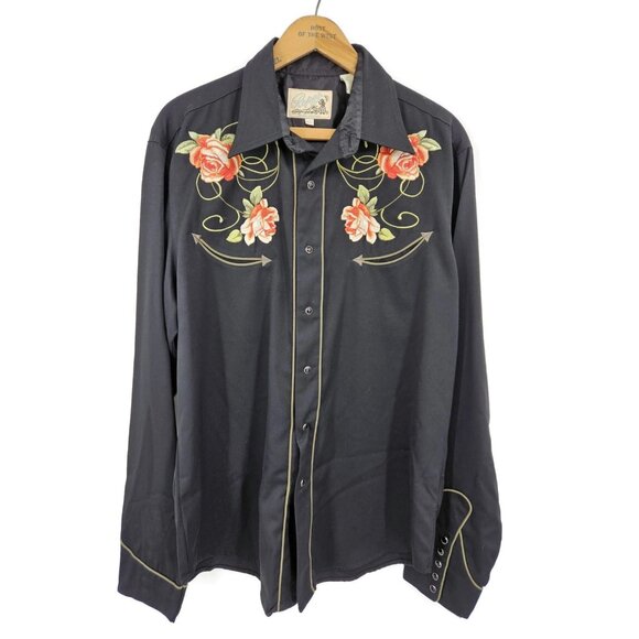 Roper Western Embroidered Shirt Mens M/L Pearl Snap Black Floral Roses - Picture 1 of 5